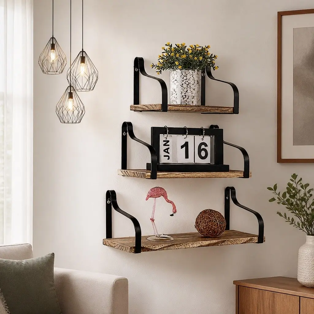 Floating Shelf Paulownia Wood 3 Piece Natural Wood Industrial Style