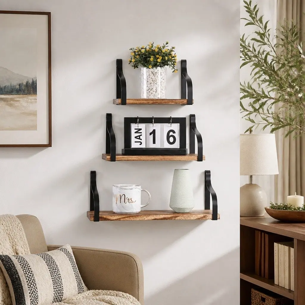 Floating Shelf Paulownia Wood 3 Piece Natural Wood Industrial Style