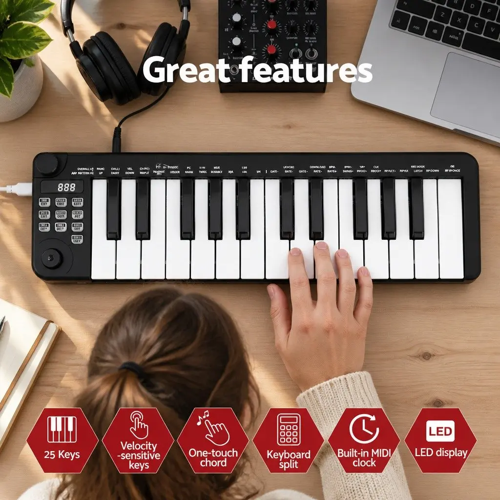 Portable 25-Key MIDI Controller with Arpeggiator Black