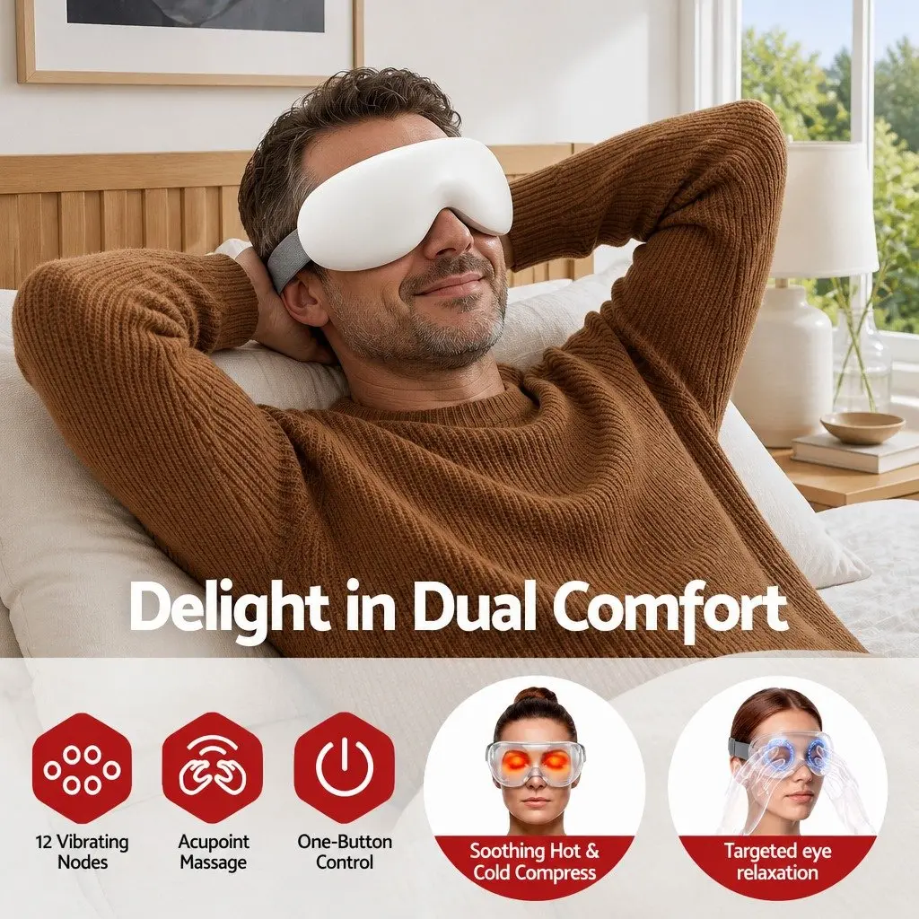 Eye Massager Dual Hot Cold Compress Technology 12 Vibrating Nodes White