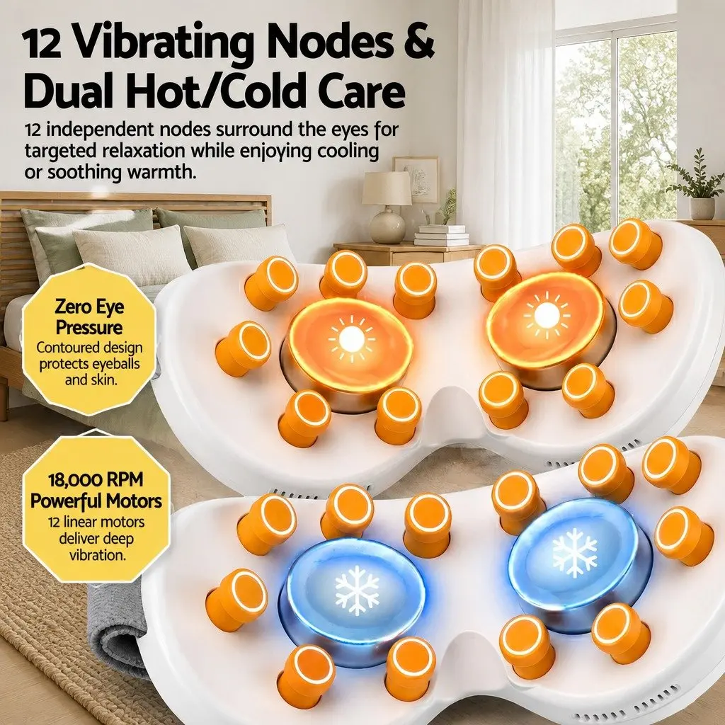 Eye Massager Dual Hot Cold Compress Technology 12 Vibrating Nodes White