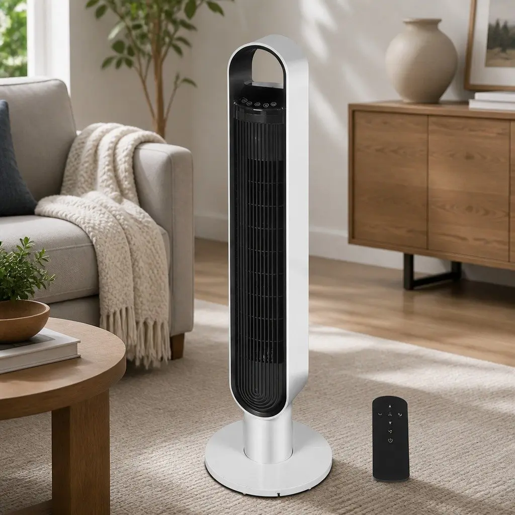 Tower Fan ABS Plastic 100cm White Portable Oscillating Remote Control 3 Speed