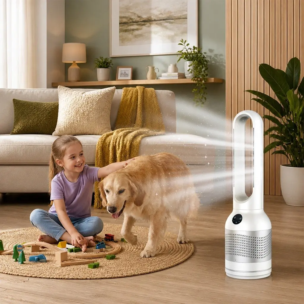 Bladeless Fan Air Purifier Heater HEPA Filter 80° Oscillation White 22cm x 22cm x 78cm