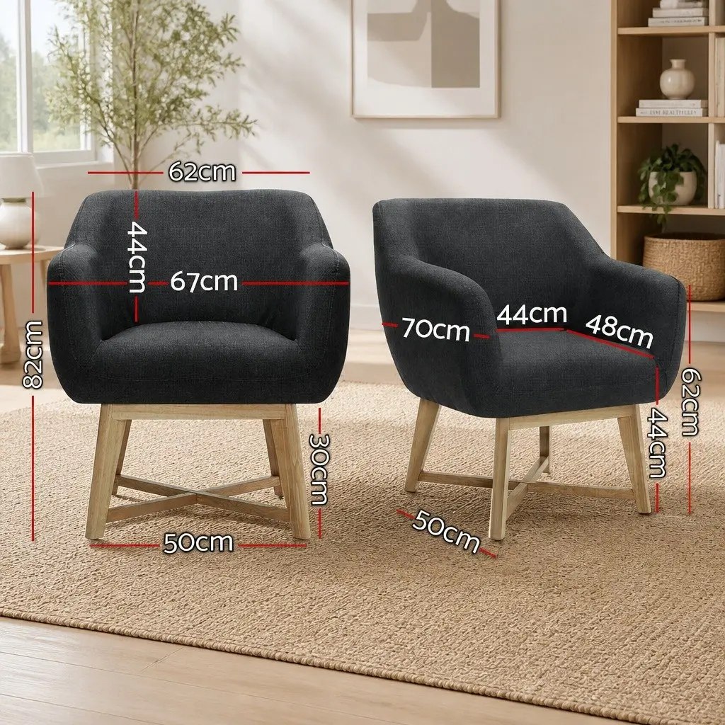 Armchair Faux Linen Fabric Charcoal 67cm W x 70cm D x 82cm H High Resilience Foam Criss-Cross Base