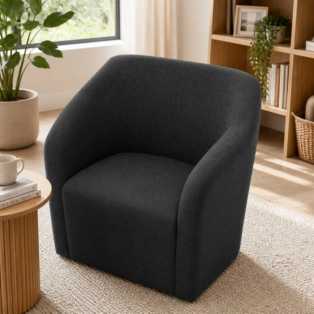 Armchair Faux Linen Fabric Charcoal 67cm W x 70cm D x 82cm H High Resilience Foam Criss-Cross Base