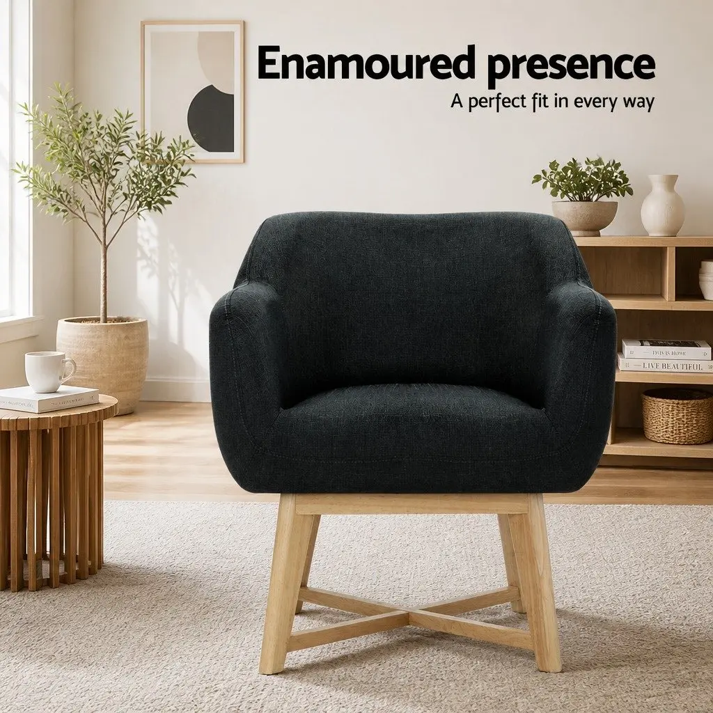 Armchair Faux Linen Fabric Charcoal 67cm W x 70cm D x 82cm H High Resilience Foam Criss-Cross Base