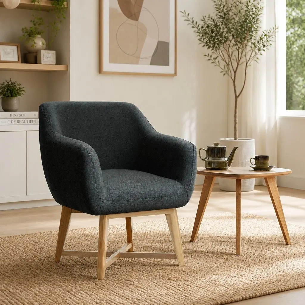 Armchair Faux Linen Fabric Charcoal 67cm W x 70cm D x 82cm H High Resilience Foam Criss-Cross Base