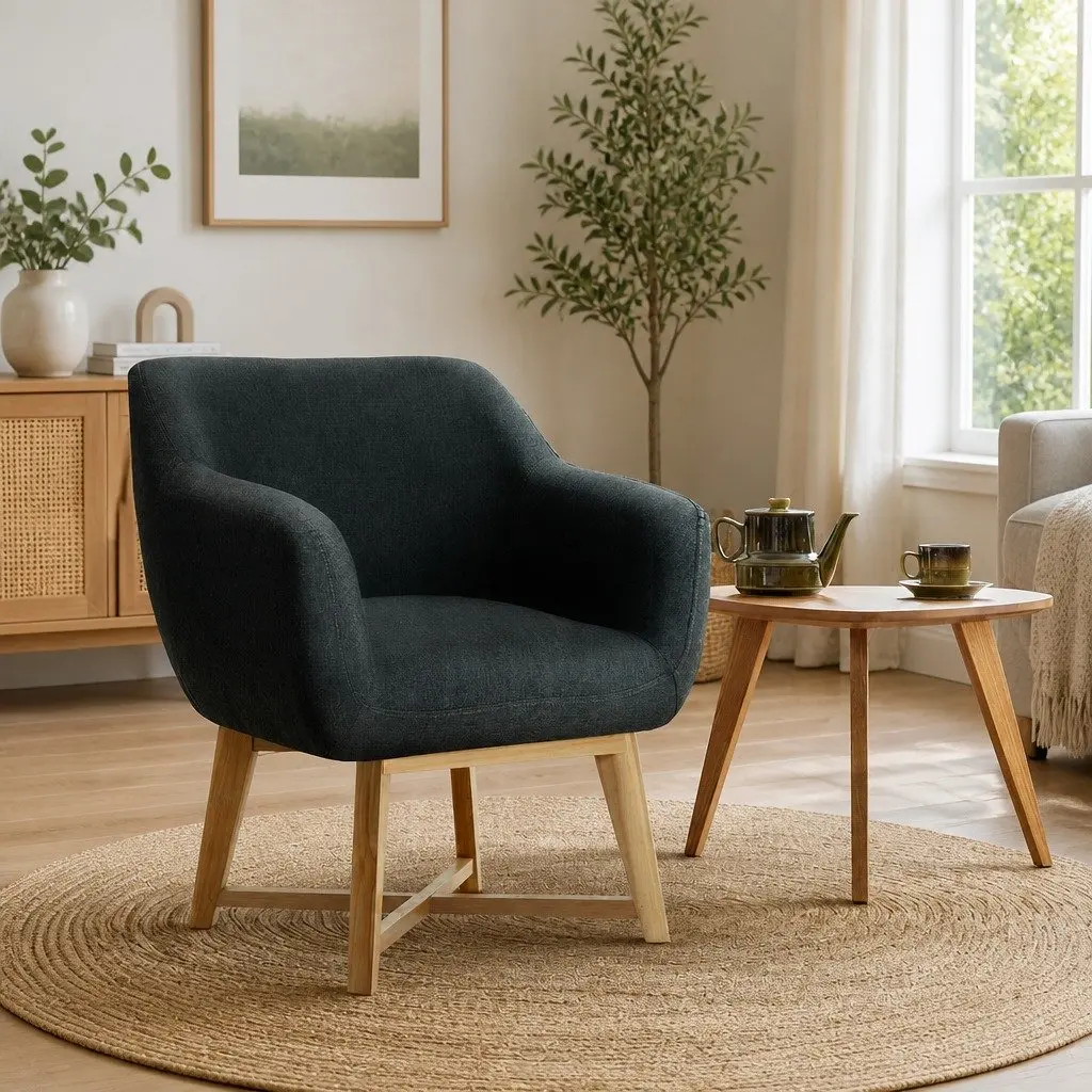 Armchair Faux Linen Fabric Charcoal 67cm W x 70cm D x 82cm H High Resilience Foam Criss-Cross Base