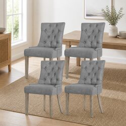 Set of 4 Grey Linen Dining Chairs with Tufted Design