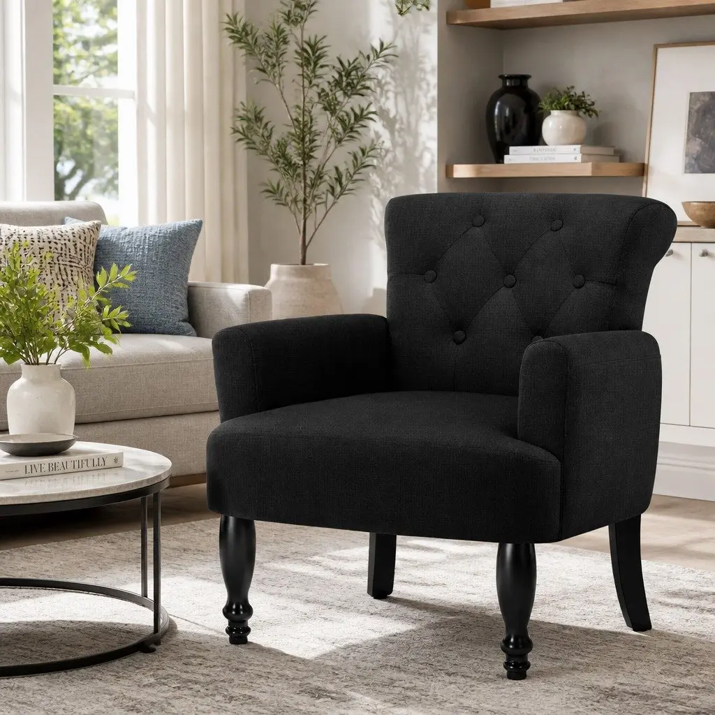 Tufted Button Wingback Armchair Black Lounge Chair