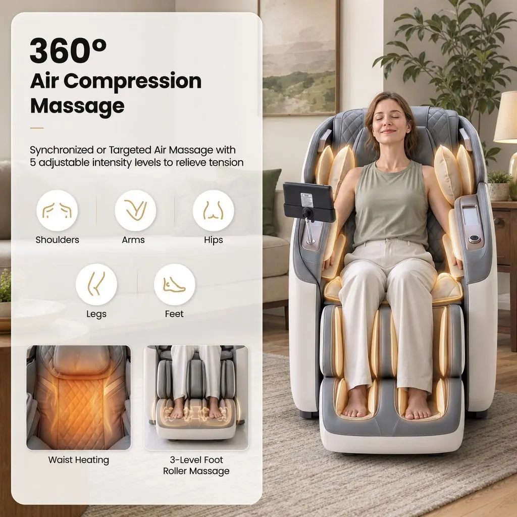 Massage Chair Leather Full Body Zero Gravity Recliner 4D Dual Mechanism SL Track White Grey