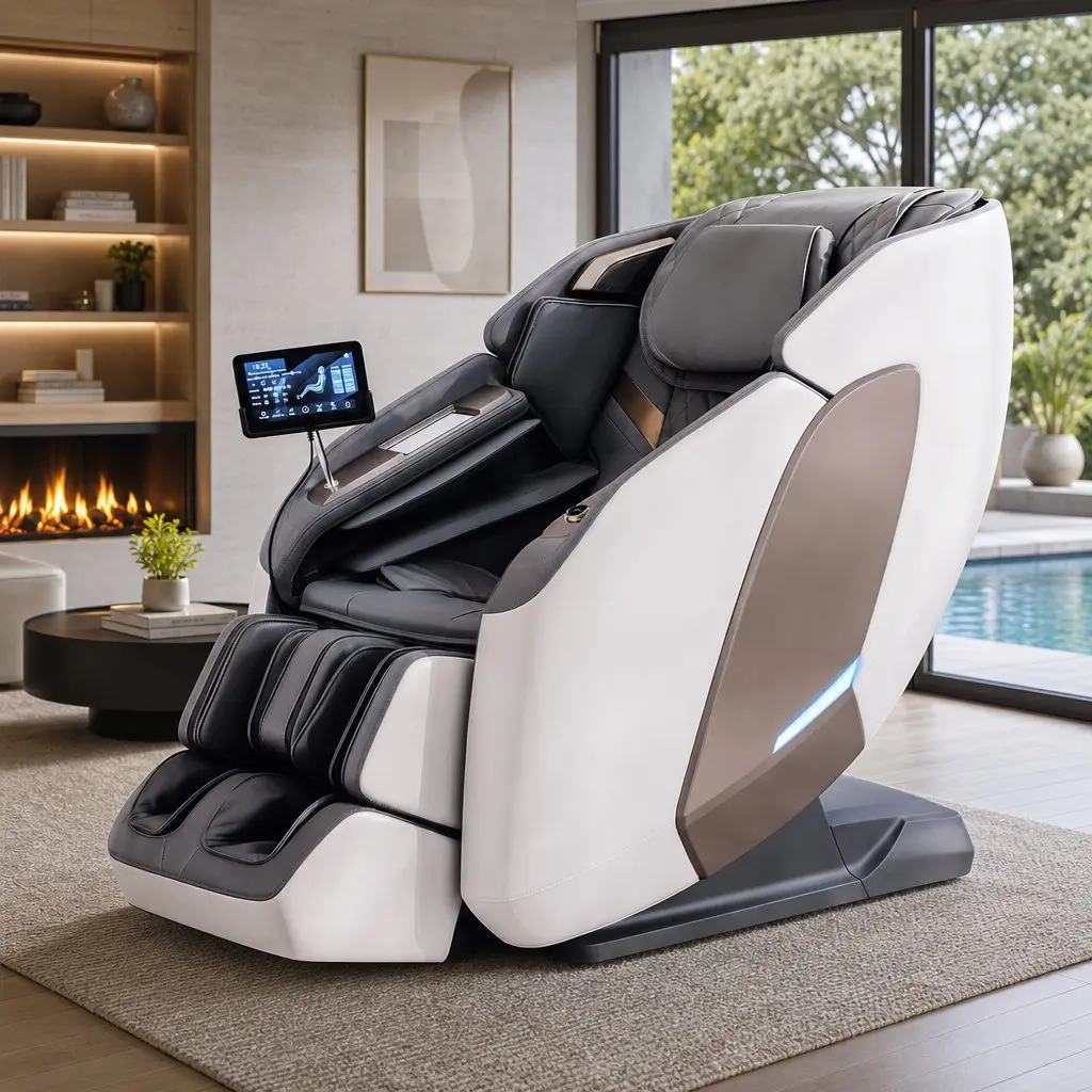 Massage Chair Leather Full Body Zero Gravity Recliner 4D Dual Mechanism SL Track White Grey