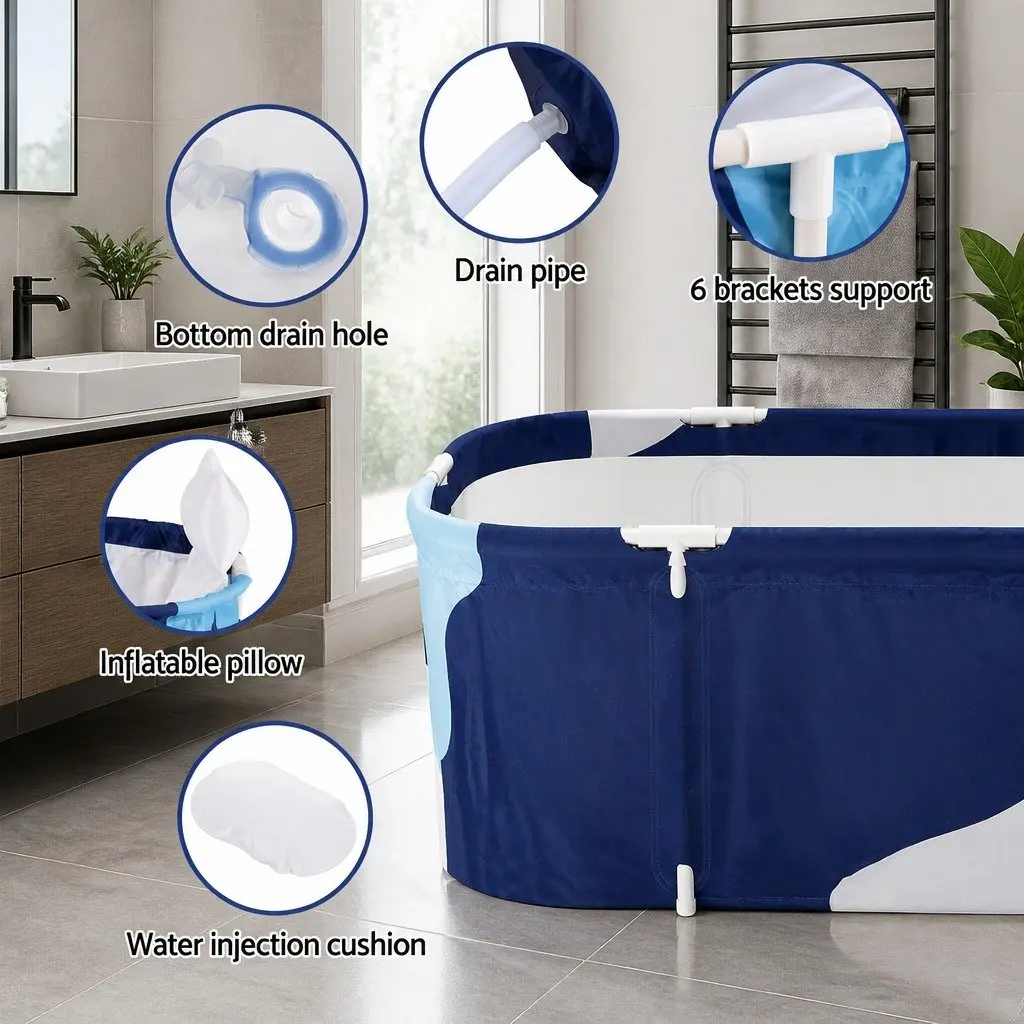 Foldable Bathtub Oxford Cloth Navy Blue 134 x 65 x 46.5 cm Inflatable Spa Bucket