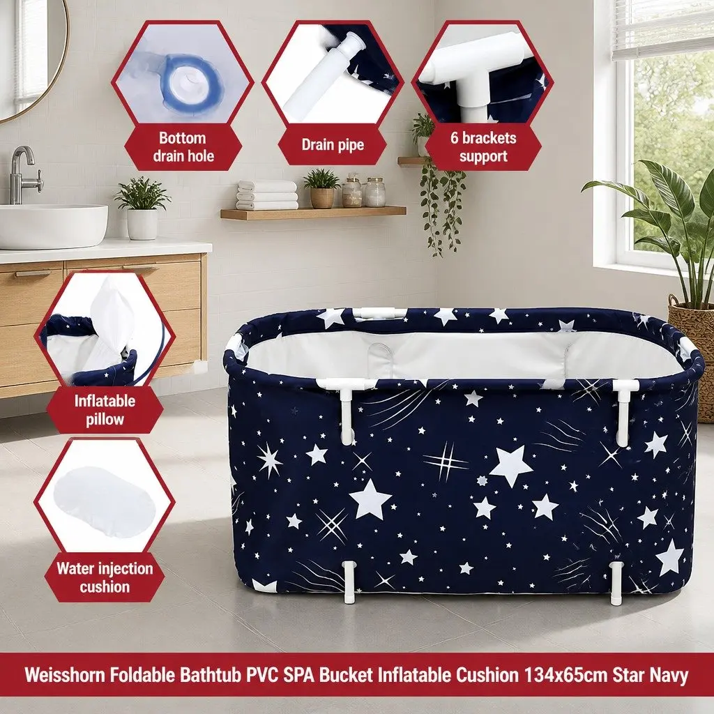 Foldable Bathtub PVC 134x65cm Navy Blue
