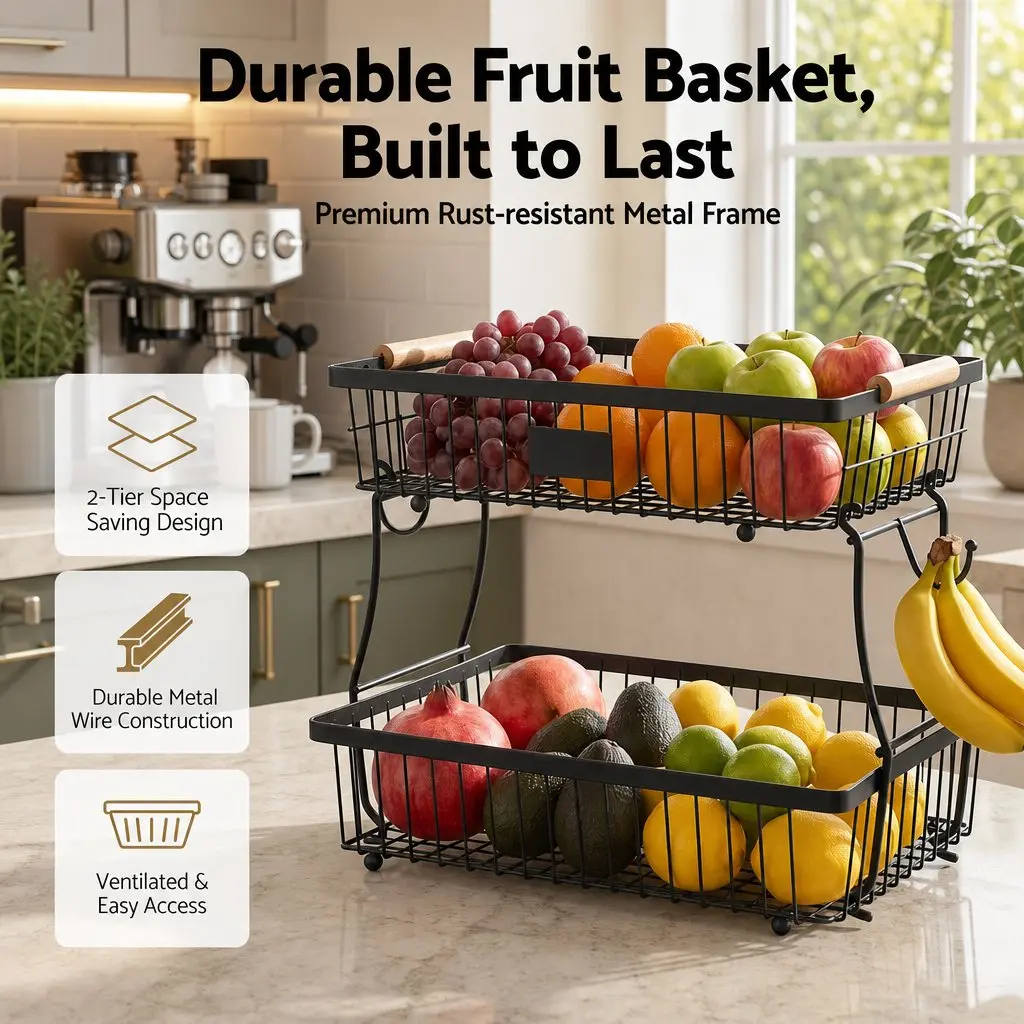 2-Tier Fruit Basket with Banana Hanger