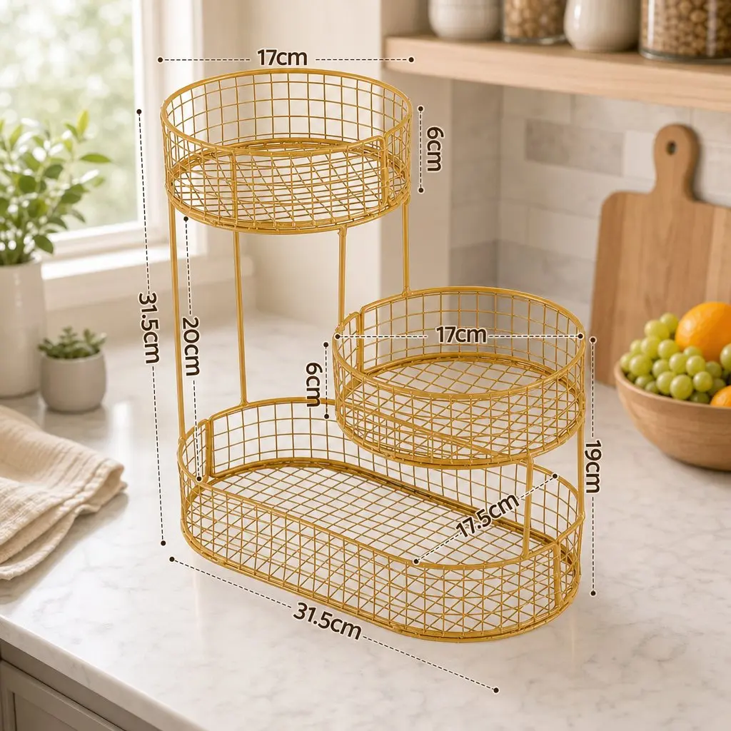 Gold Metal 3-Tier Fruit Basket Bowl for Kitchen Storage