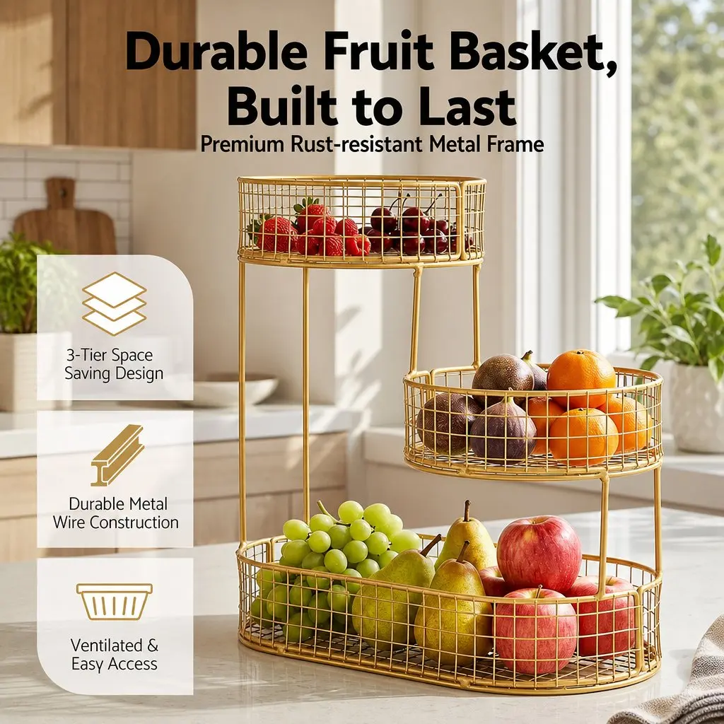 Gold Metal 3-Tier Fruit Basket Bowl for Kitchen Storage