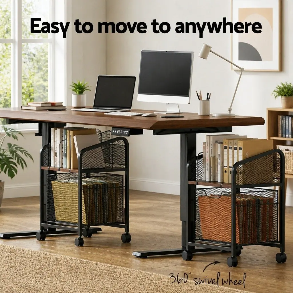 Filing Cabinet Metal Frame Particle Board Solid Wood Top Compact Black