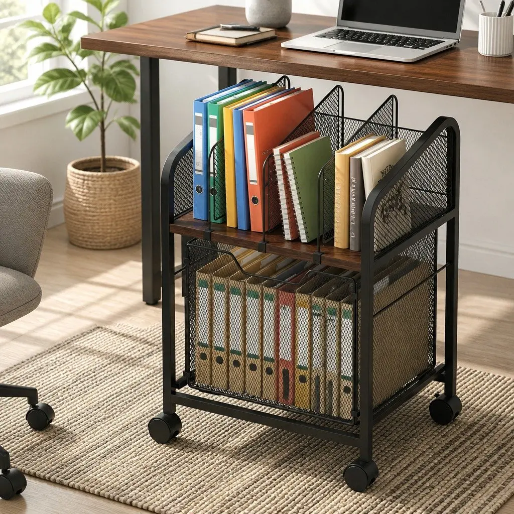Filing Cabinet Metal Frame Particle Board Solid Wood Top Compact Black