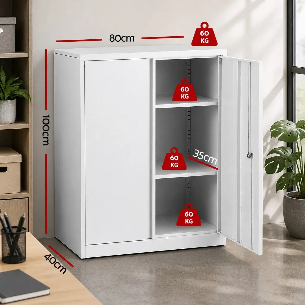 Steel Filing Cabinet Storage Locker White 80cm x 40cm x 100cm