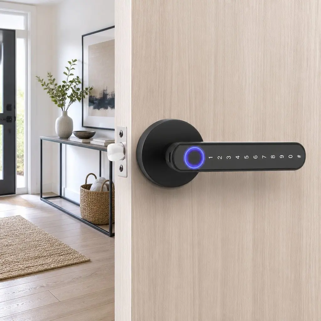 Fingerprint Door Lock Smart Electronic Handle Keyless Access Bluetooth App Black 16cm x 6.5cm x 6cm