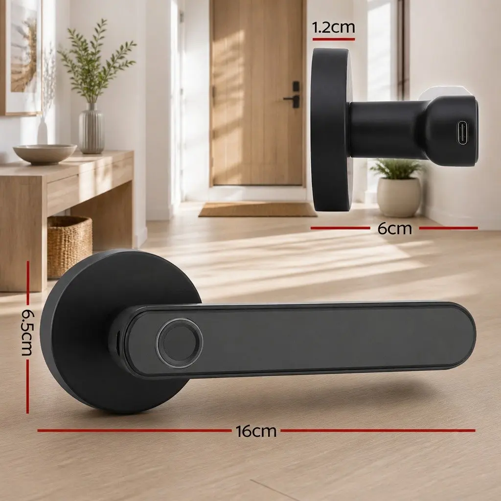 Fingerprint Door Lock Smart Electronic Handle Keyless Access Bluetooth App Black 16cm x 6.5cm x 6cm