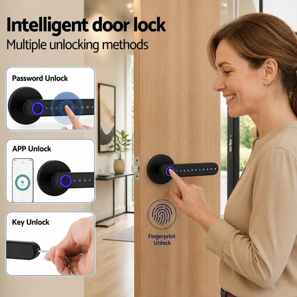 Fingerprint Door Lock Smart Electronic Handle Keyless Access Bluetooth App Black 16cm x 6.5cm x 6cm
