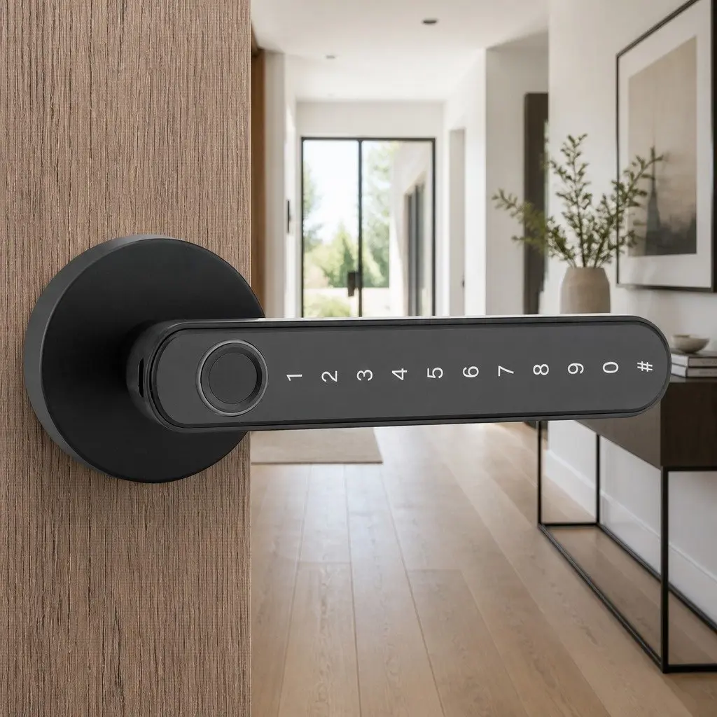Fingerprint Door Lock Smart Electronic Handle Keyless Access Bluetooth App Black 16cm x 6.5cm x 6cm