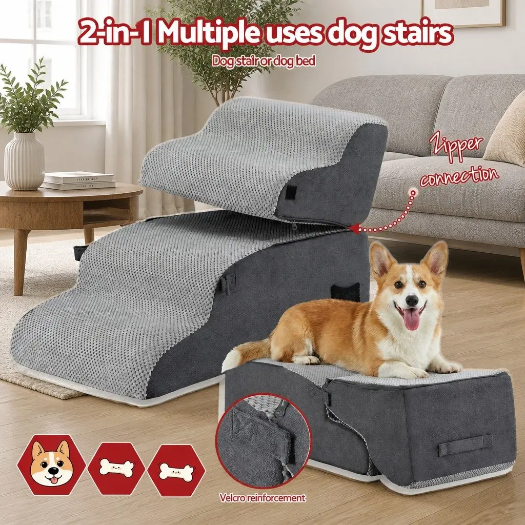 Dog Steps and Ramp Foam 2-in-1 Non-Slip Washable 40cm x 71cm x 50cm Grey