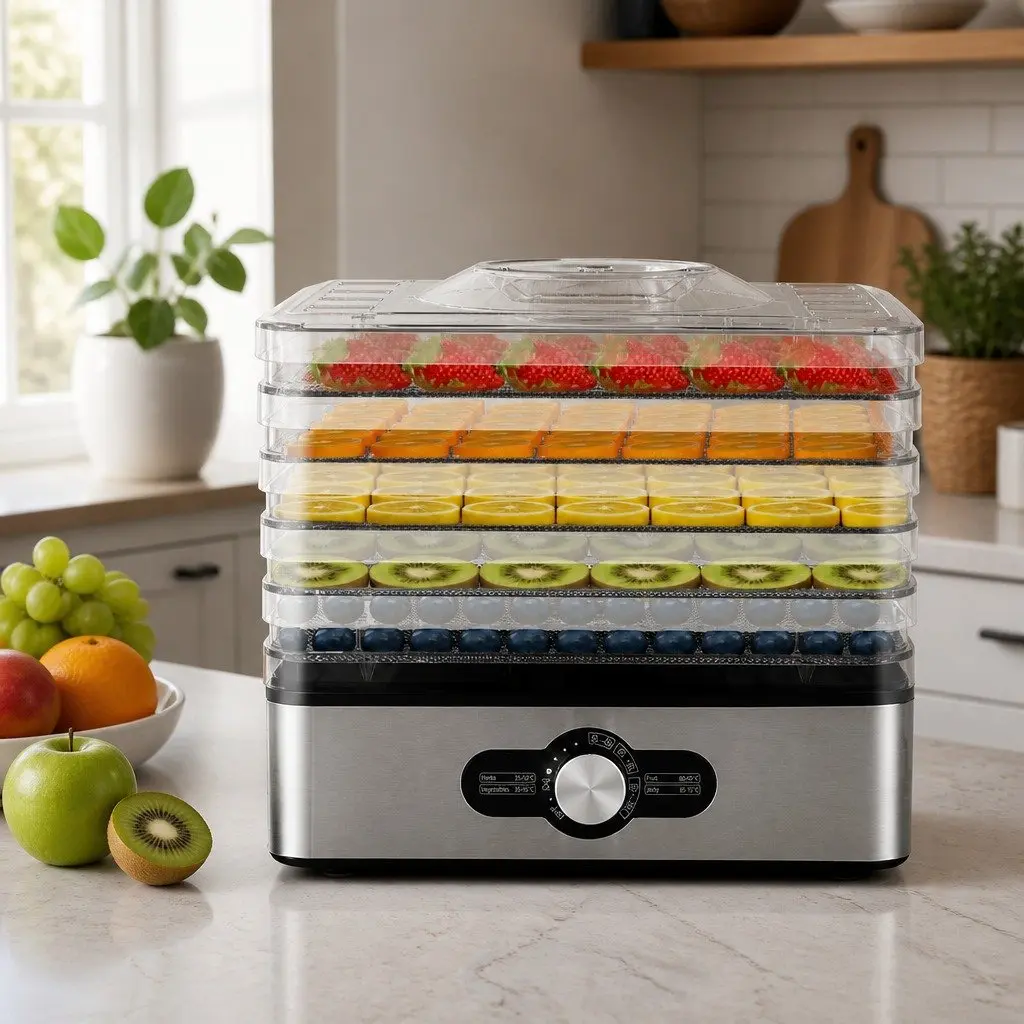 Food Dehydrator Stainless Steel 5 Trays Adjustable Temperature Silver