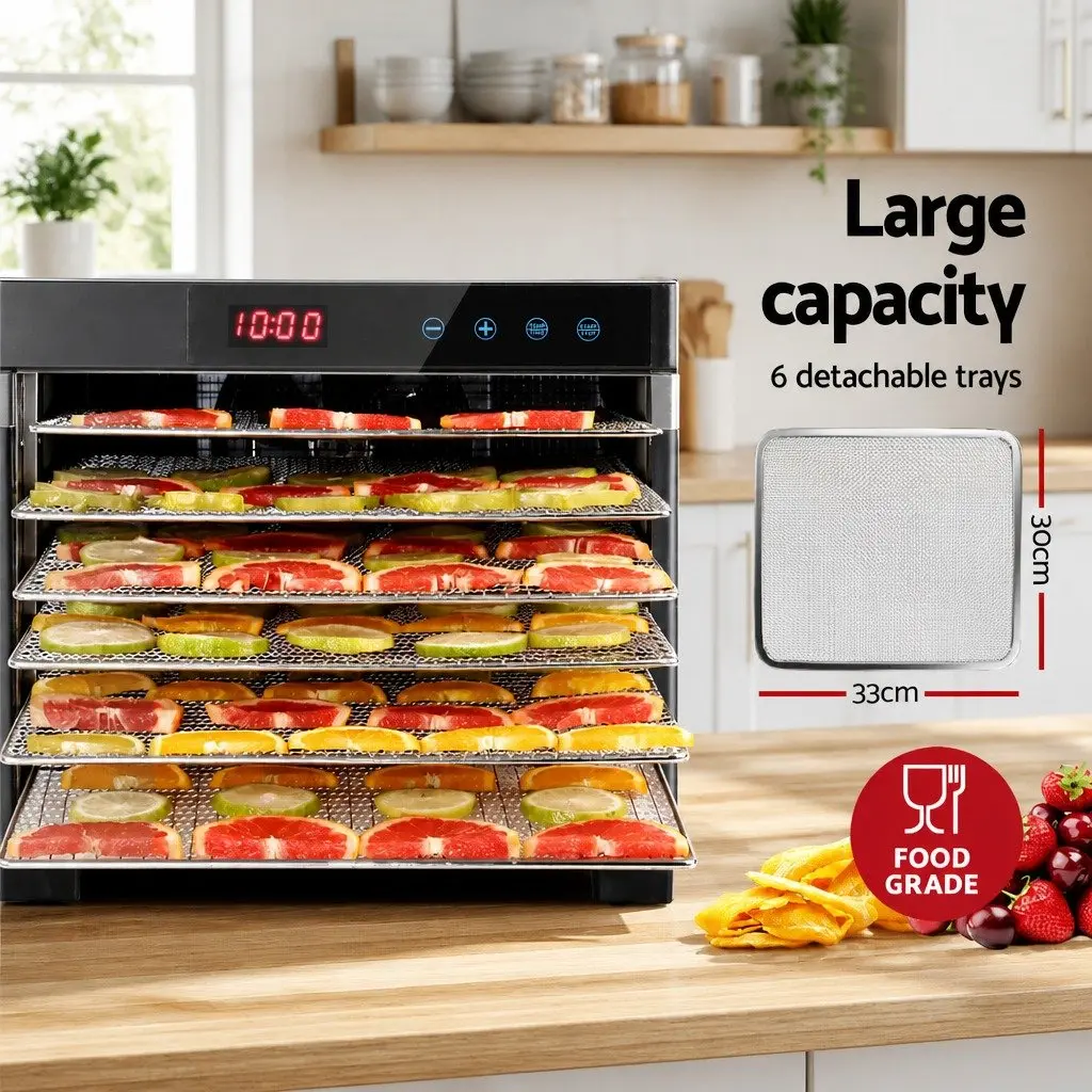 Food Dehydrator Stainless Steel 6 Trays LCD Touch Control Digital Temperature Silver