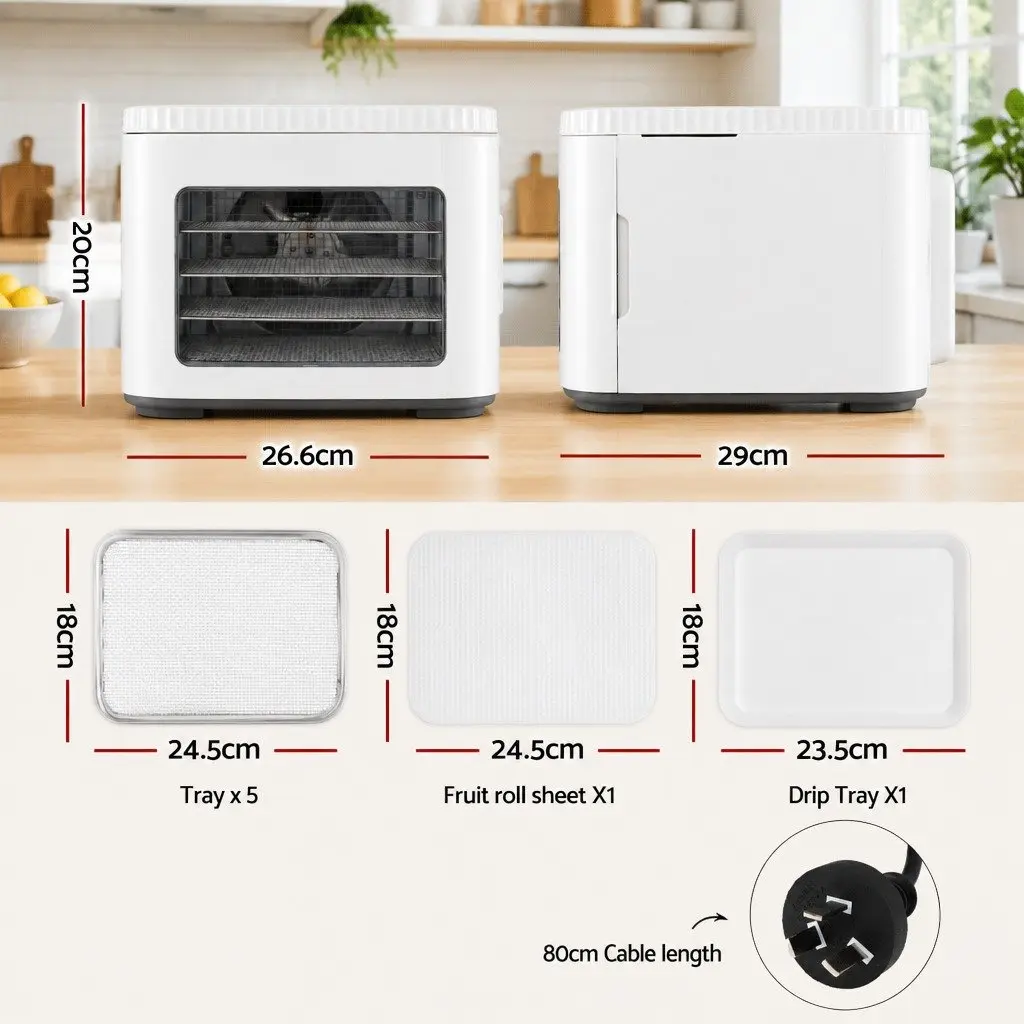Food Dehydrator Machine Stainless Steel 5 Tray Compact Benchtop White