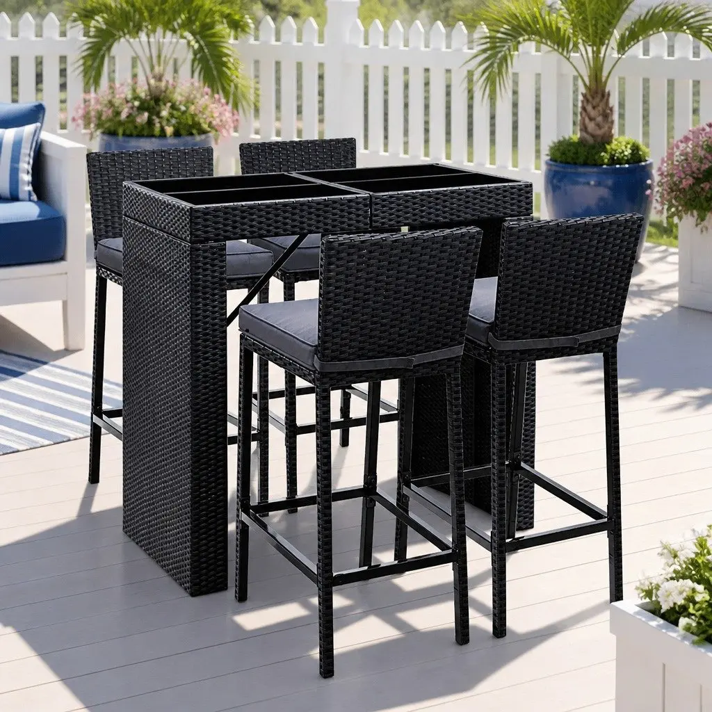 5-Piece Black Outdoor Bar Set with Wicker Stools