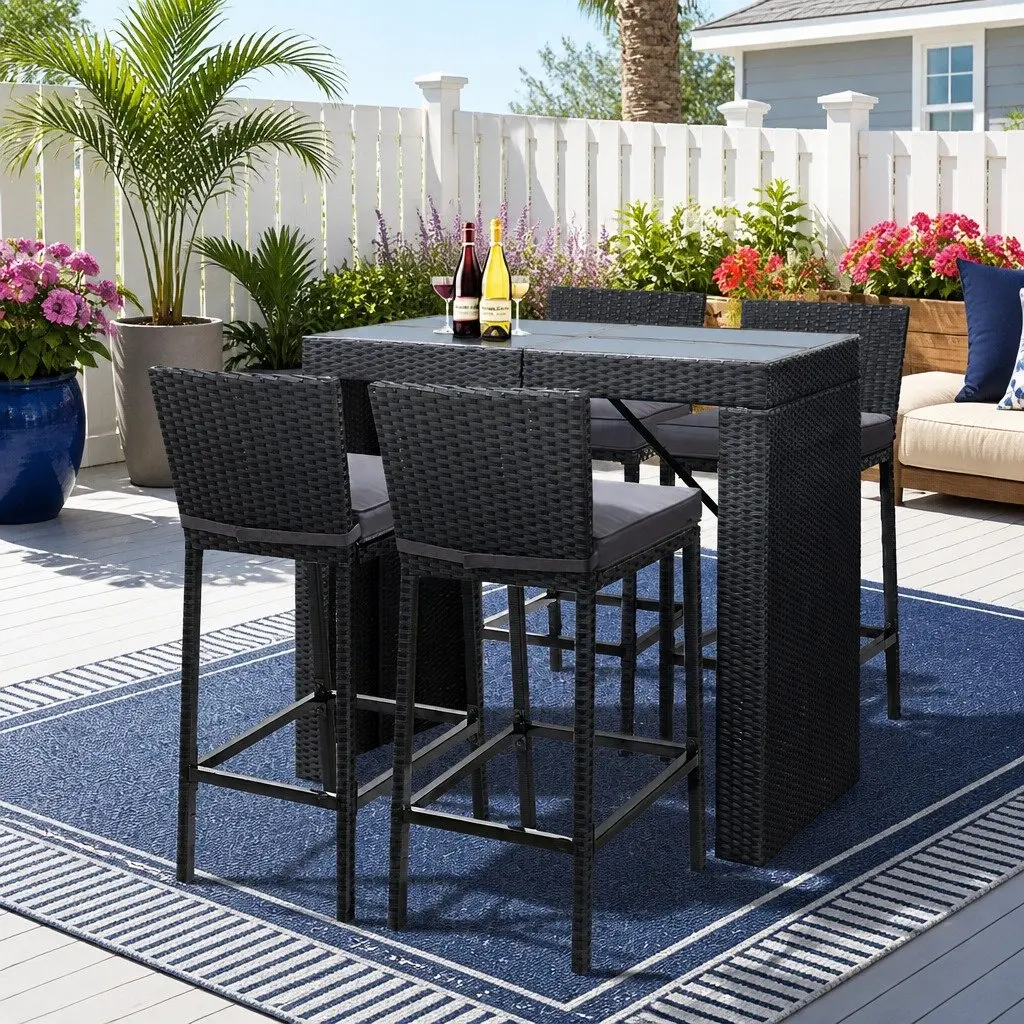 Outdoor Bar Set Wicker 5 Piece Dining Table Stools Black