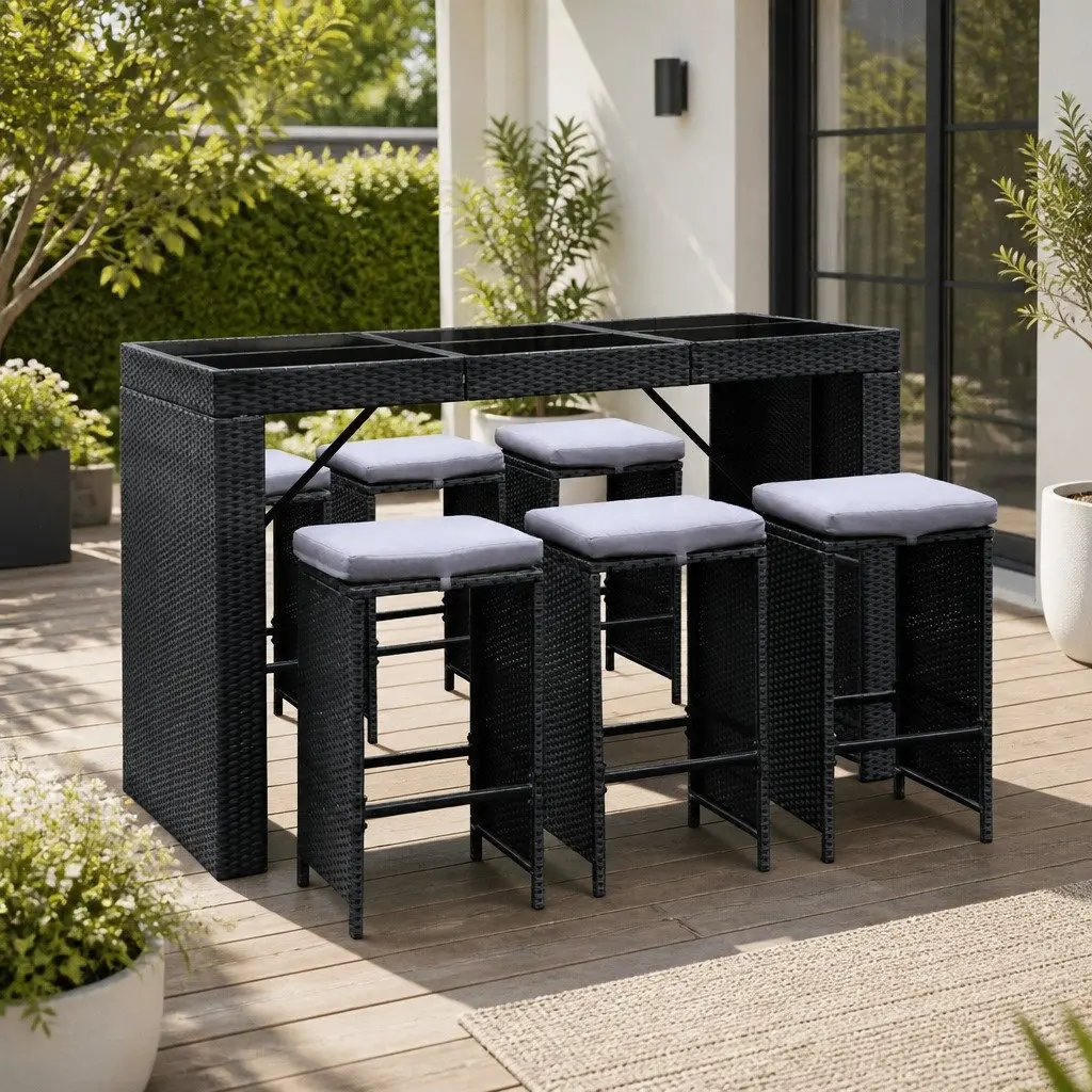 7-Piece Black Wicker Outdoor Bar Set with Glass Top