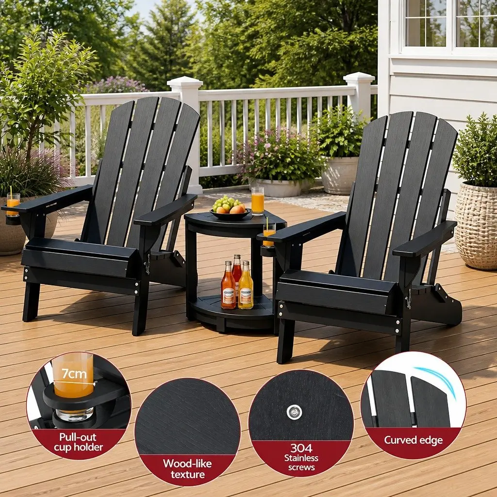 Foldable Adirondack Chair and Table Set Black