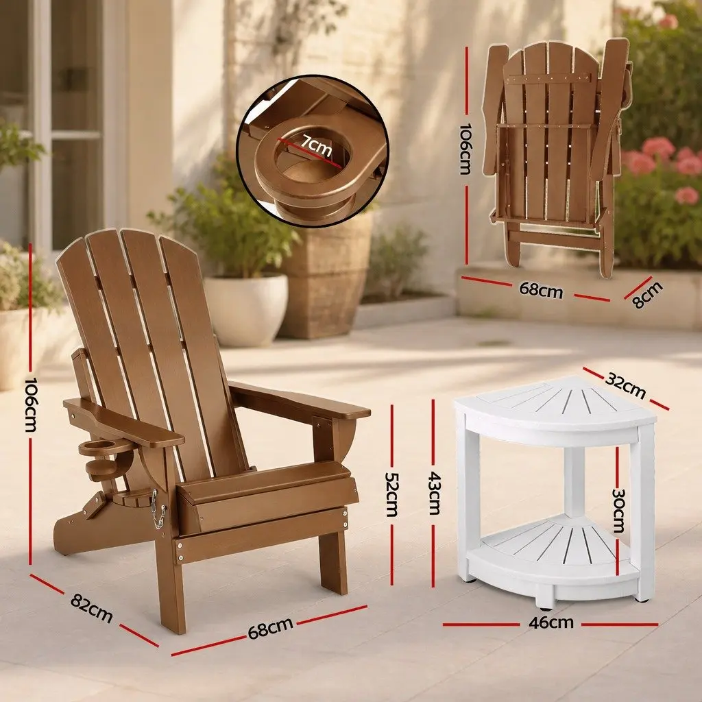 Foldable Adirondack Chair and Table HDPE Outdoor Patio Furniture Set Brown White 3 Piece