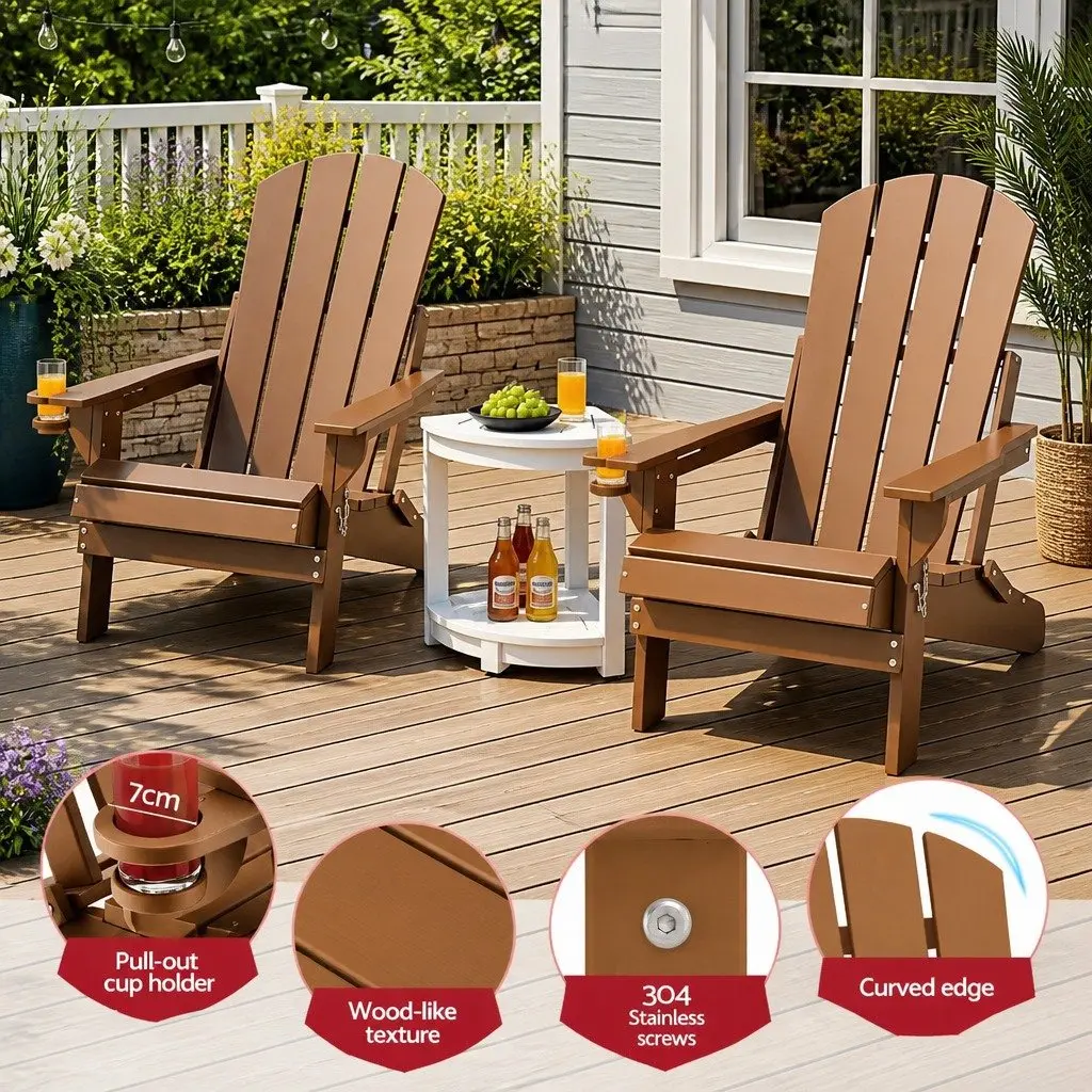 Foldable Adirondack Chair and Table HDPE Outdoor Patio Furniture Set Brown White 3 Piece