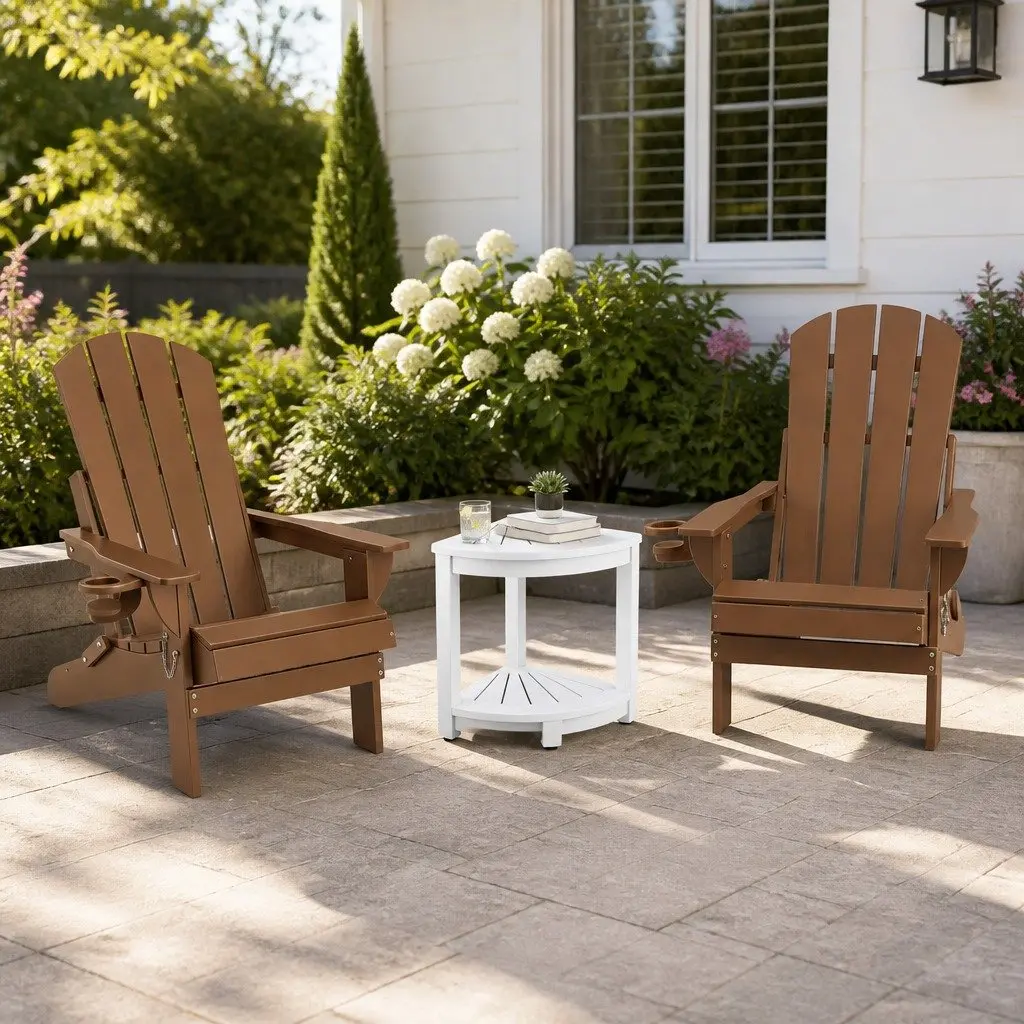 Foldable Adirondack Chair and Table HDPE Outdoor Patio Furniture Set Brown White 3 Piece