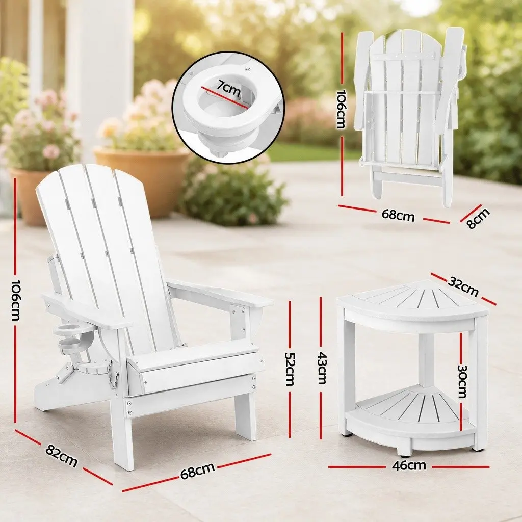 Outdoor Adirondack Folding Chair and Table Set HDPE White 3 Piece