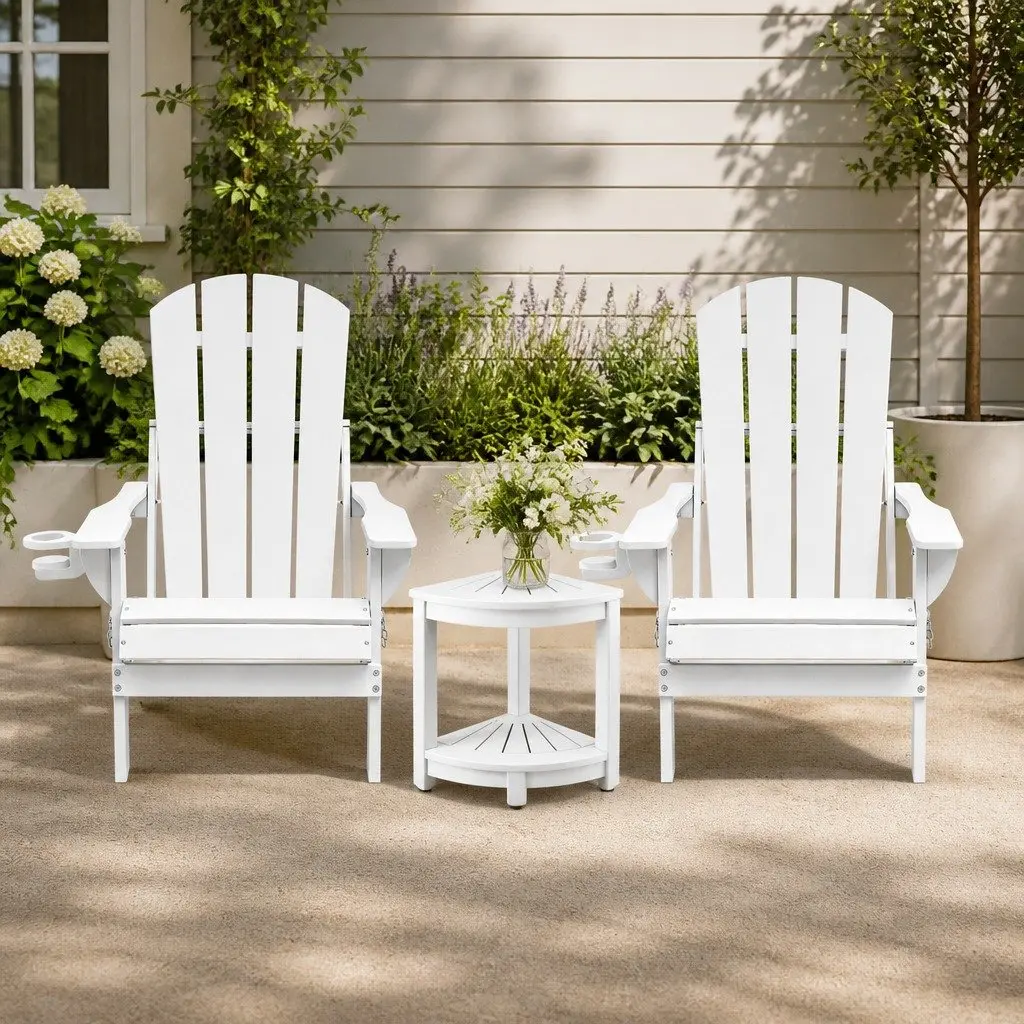 Outdoor Adirondack Folding Chair and Table Set HDPE White 3 Piece
