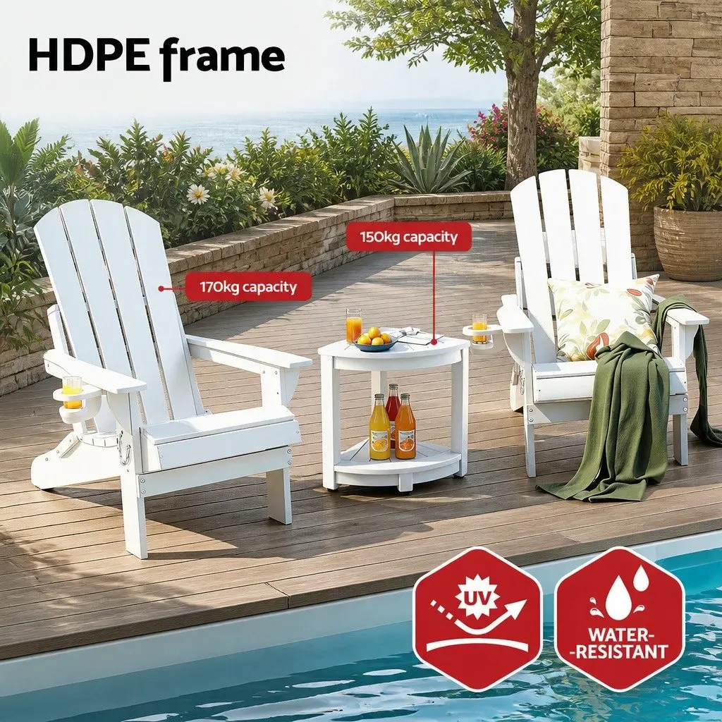 Outdoor Adirondack Folding Chair and Table Set HDPE White 3 Piece