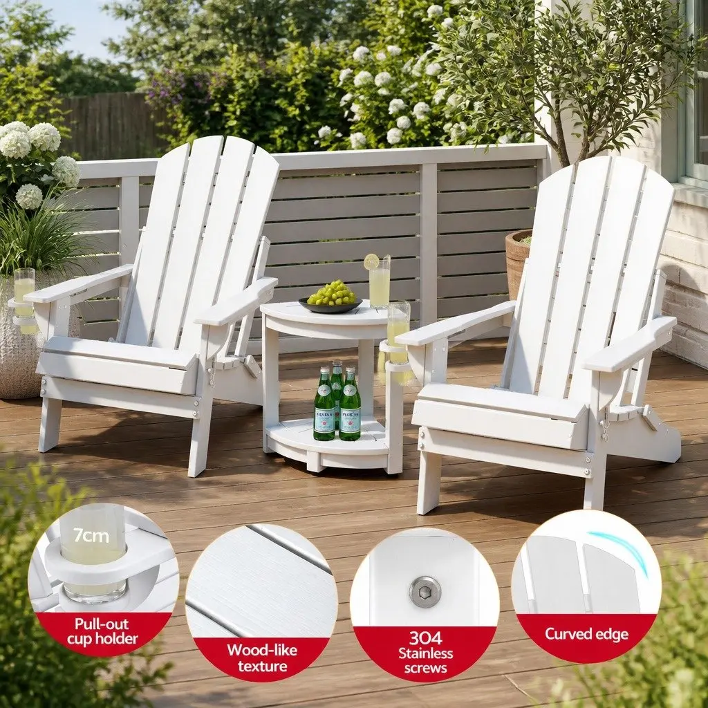 Outdoor Adirondack Folding Chair and Table Set HDPE White 3 Piece