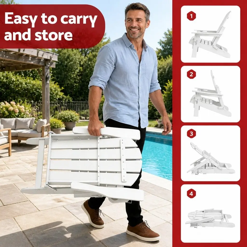 Outdoor Adirondack Folding Chair and Table Set HDPE White 3 Piece