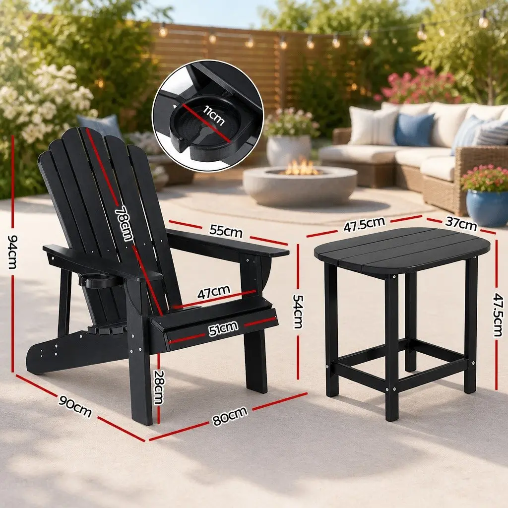Outdoor Adirondack Chair and Table Set HDPE 3-Piece Black