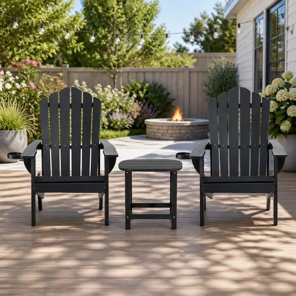 Outdoor Adirondack Chair and Table Set HDPE 3-Piece Black