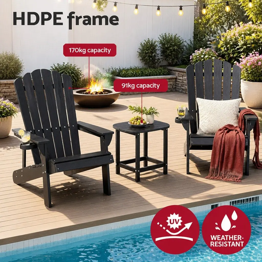 Outdoor Adirondack Chair and Table Set HDPE 3-Piece Black