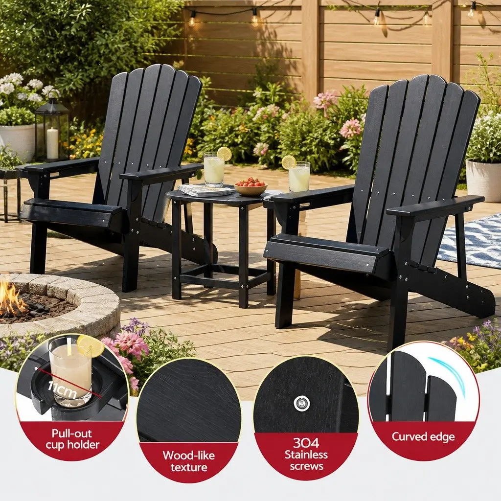 Outdoor Adirondack Chair and Table Set HDPE 3-Piece Black