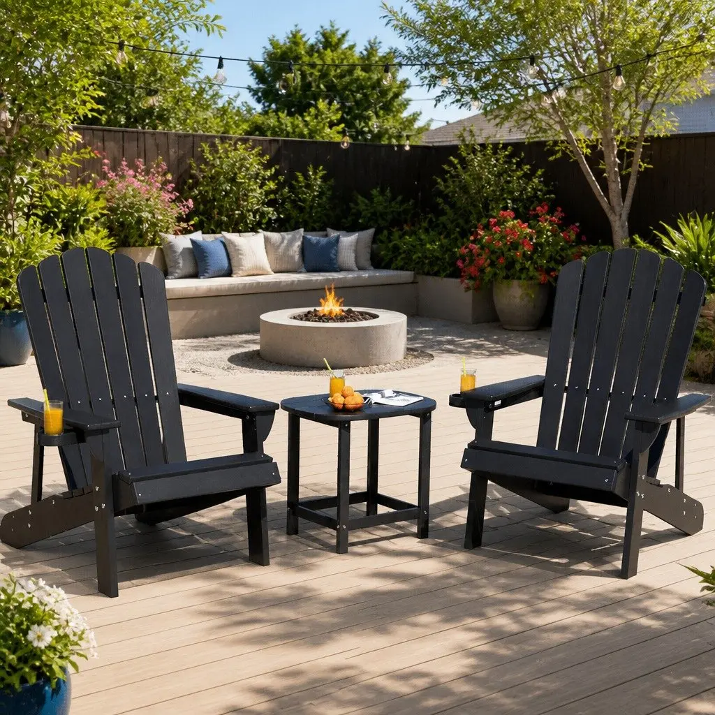 Outdoor Adirondack Chair and Table Set HDPE 3-Piece Black