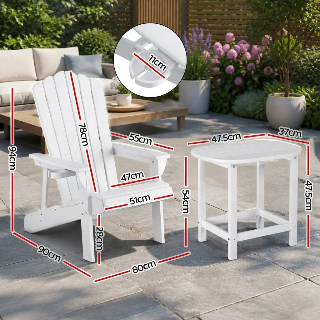 Adirondack Chairs Side Table Set HDPE Outdoor Furniture White 3 Piece